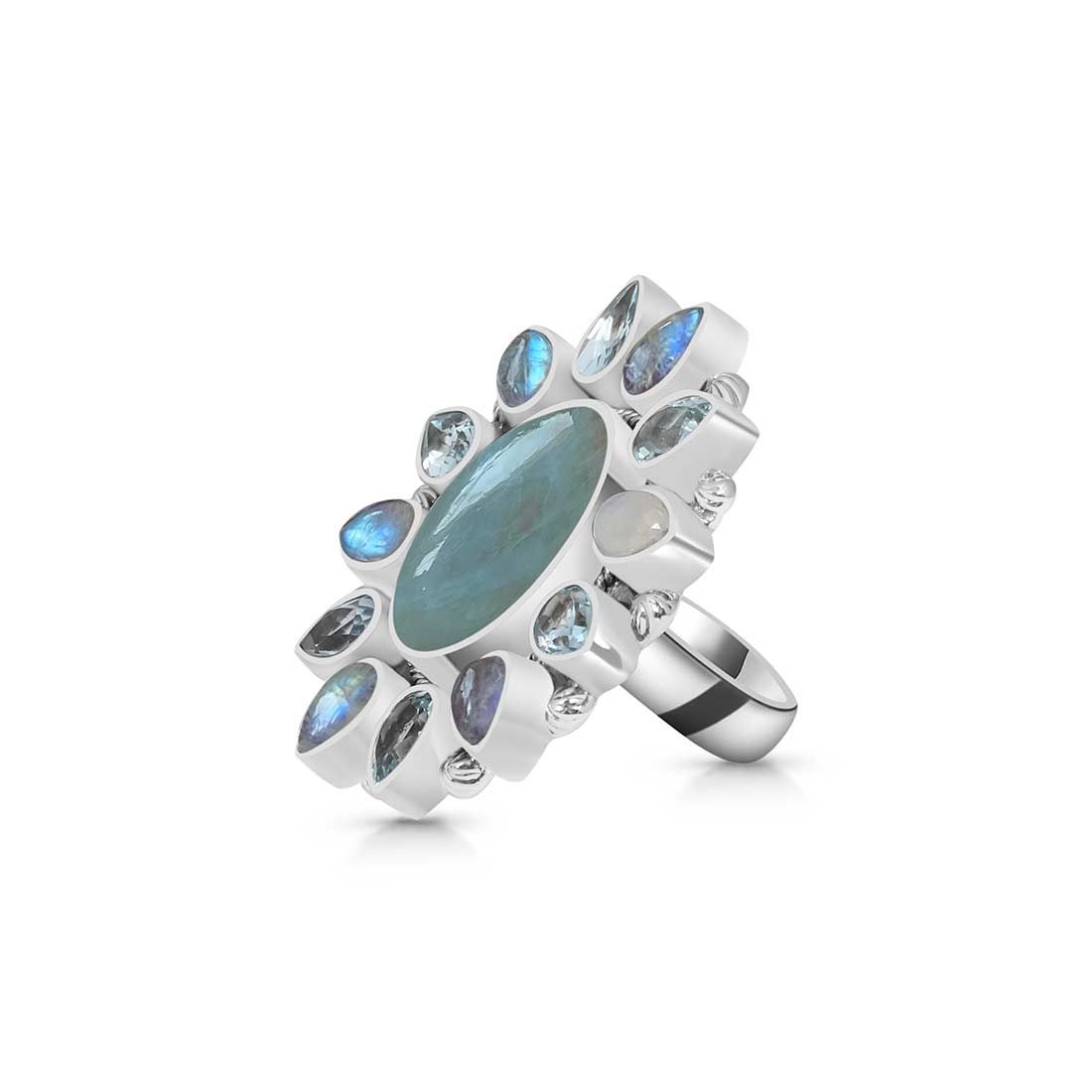 Aquamarine, Blue Topaz And Moonstone Flower Adjustable Ring-(AQM-FLR-5.)